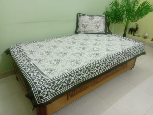 Kaner Phul Jaipuri single Bedsheet Brown and Flower Petals Light Green - Image 3