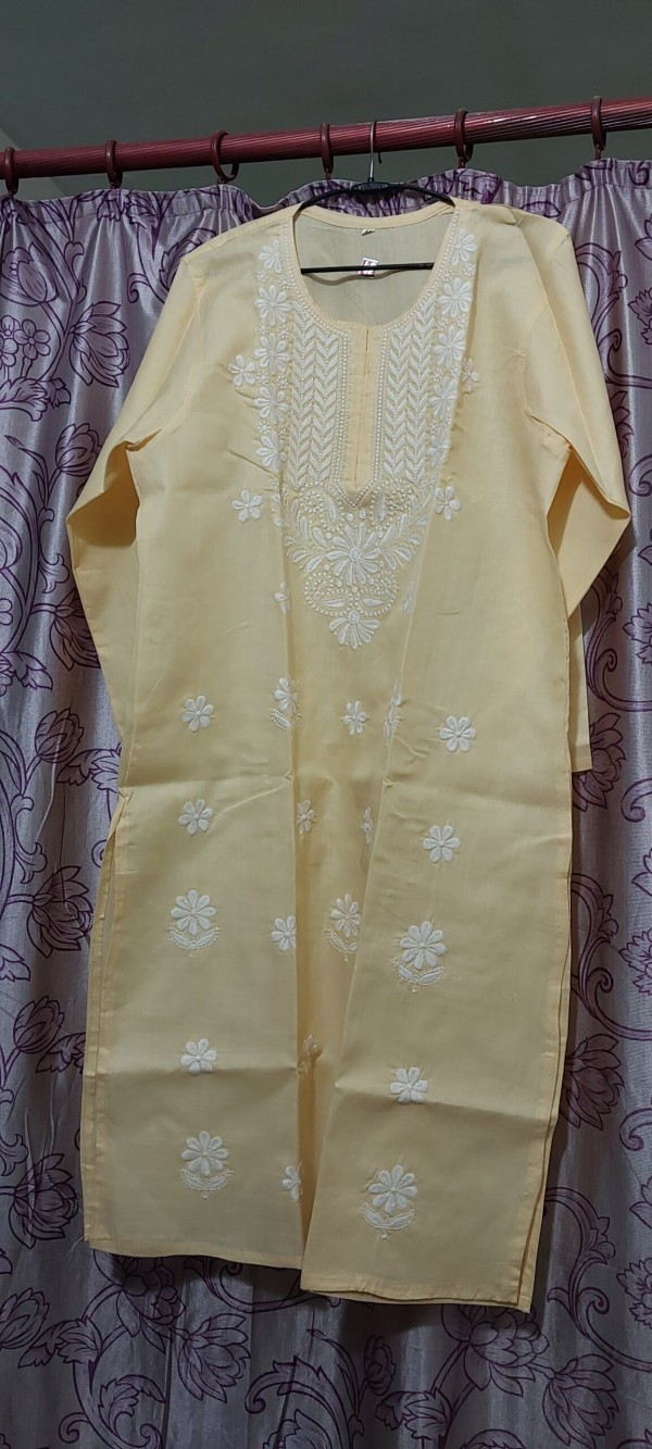 Mixed Cotton Full Length Kurti Chikankari Lemon Orange Rama