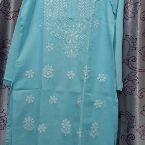 Mixed Cotton Full Length Kurti Chikankari Sky Rama