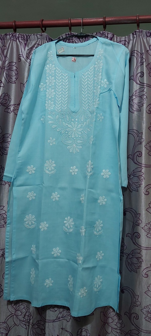 Mixed Cotton Full Length Kurti Chikankari Sky Rama
