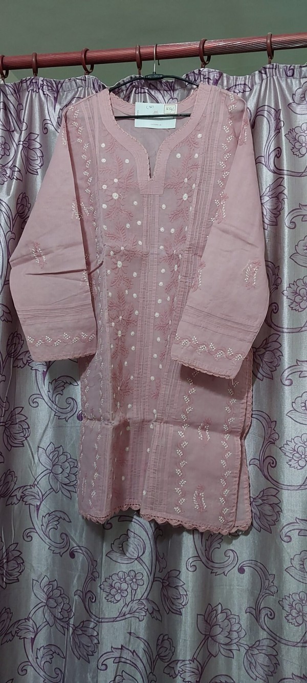 Cotton Full Length Kurti Chikankari Pink Rama