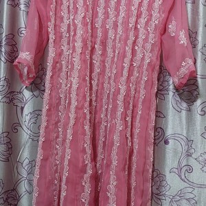 Chiffon Full Length Kurti Chikankari Pink Rama
