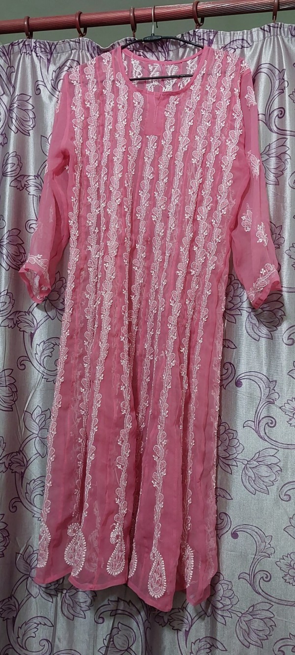Chiffon Full Length Kurti Chikankari Pink Rama